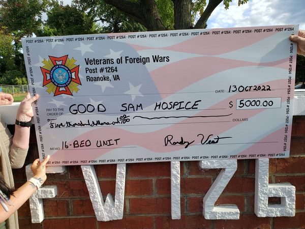 It is with Great Pleasure that VFW Post 1264 presented a Check for $5000.00 to Good Hospice.  They are truly Angels.